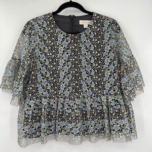 Anthropologie Mignon Doo Women's Embroidered Flower Lace Overlay Black Top M